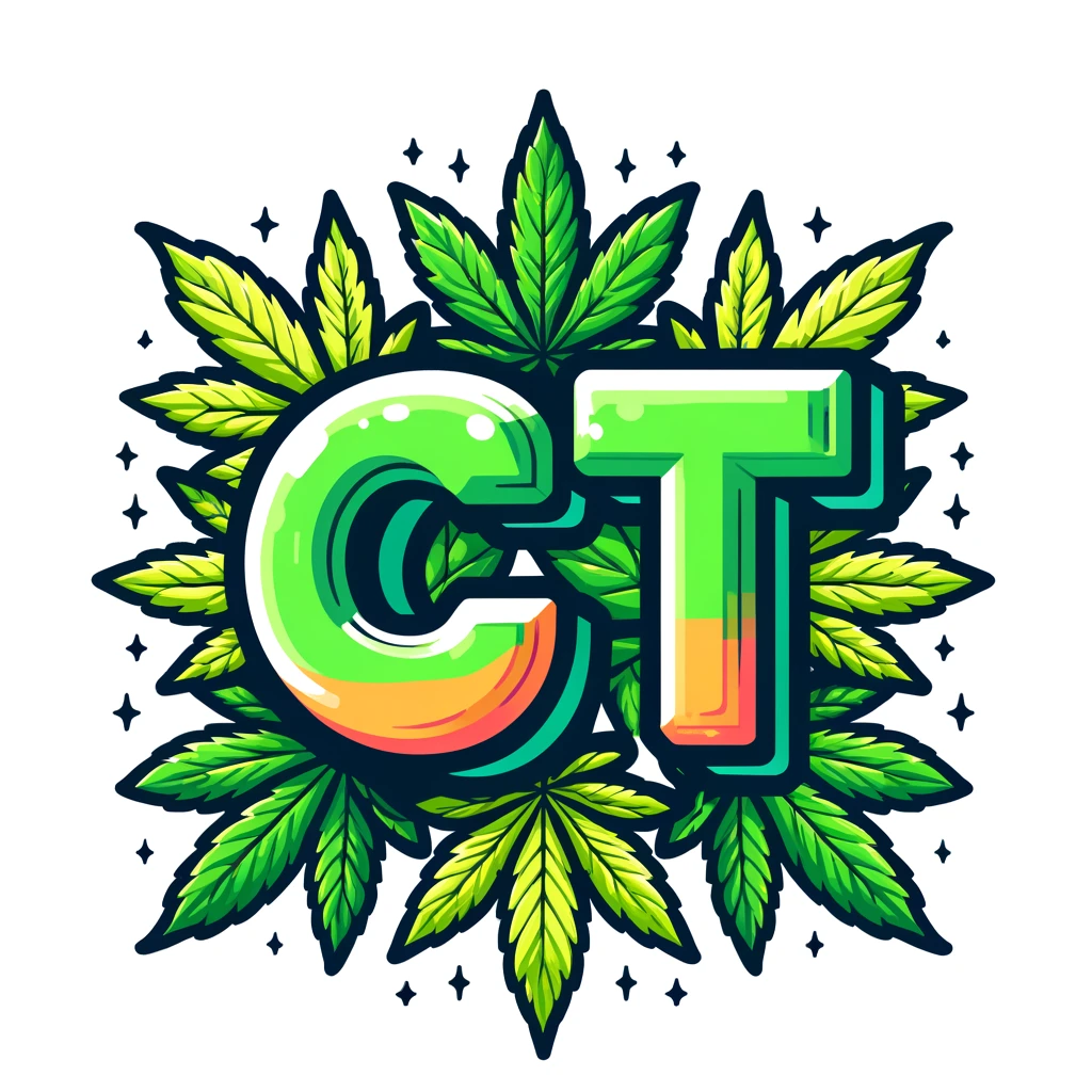 A vibrant cartoon-style image featuring the letters 'CT' in bold, colorful font surrounded by lush, green, detailed marijuana leaves. The design should feel playful, eye-catching, and expressive, suitable for a pro-cannabis advocacy theme. Make the marijuana leaves prominent and stylized, while keeping the background plain for contrast.